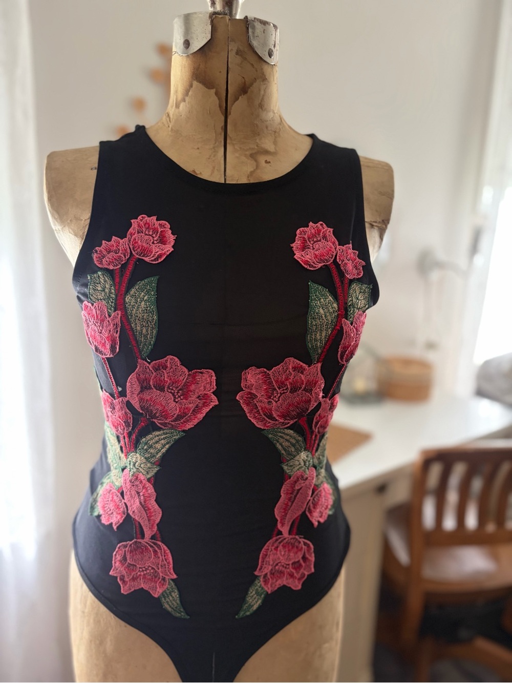 Iris Mesh Black Bodysuit with Pink Rose Embroidery